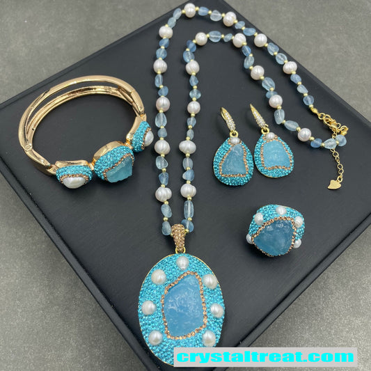 Natural Aquamarine Raw Stone & Freshwater Pearl Inlay Jewelry Set