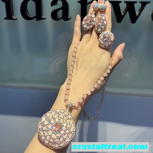 Natural Pink Crystal and Zircon Pave Jewelry Set