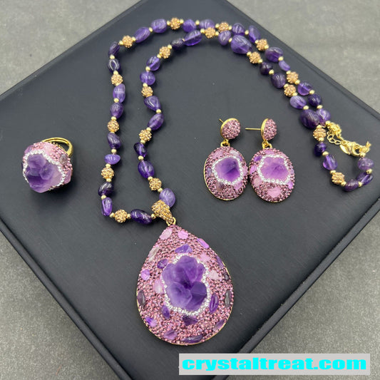 Natural Raw Amethyst Geode and Diamond Accent Jewelry Set