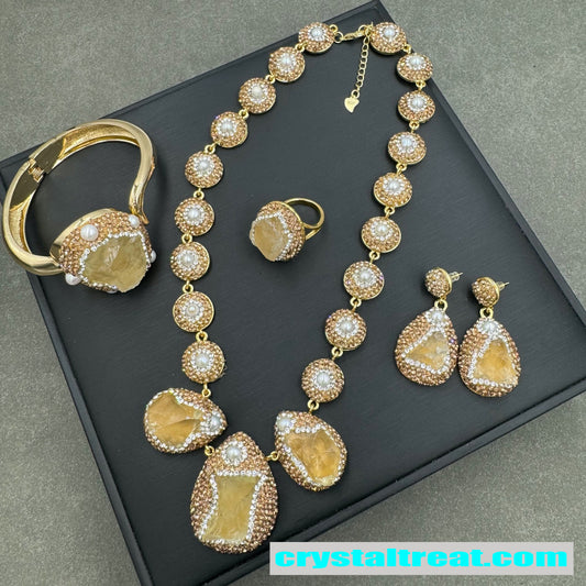 Natural Raw Citrine & Freshwater Pearl Jewelry Set