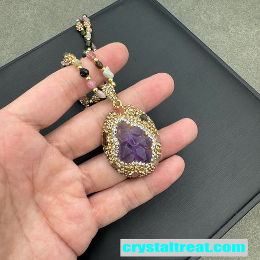 Carved Amethyst and Tourmaline Bloom Necklace