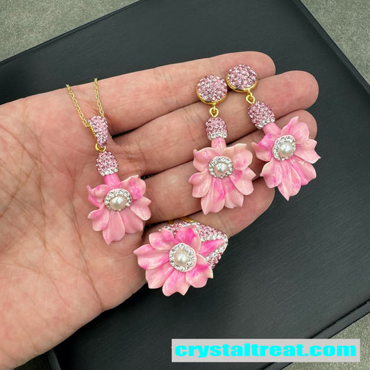 Handmade Magnolia Flower Pearl and Diamond Jewelry Set