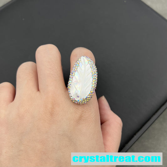 Carved Mother of Pearl Feather Ring with Crystal Halo