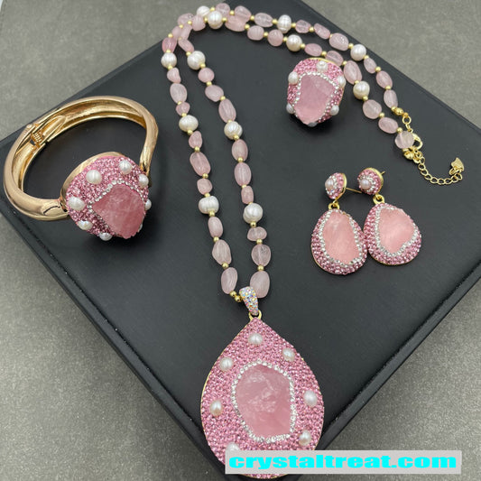 Natural Raw Rose Quartz and Pearl Jewelry Set