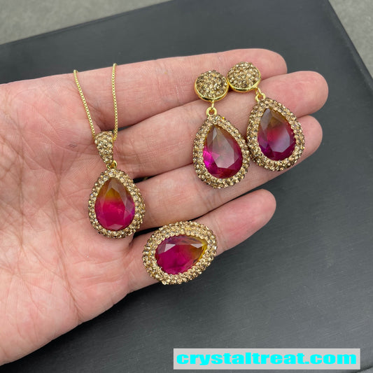 Enhanced Gradient Radiant Red Crystal & Gold Rhinestone Jewelry Set