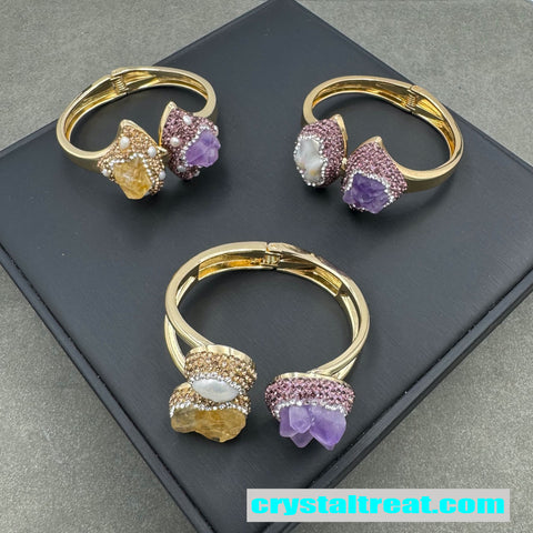 Natural Raw Amethyst and Citrine Pearl Bracelet