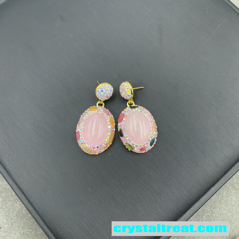 Natural Rose Quartz & Tourmaline Inlay Jewelry Set – Ring, Earrings,Necklace