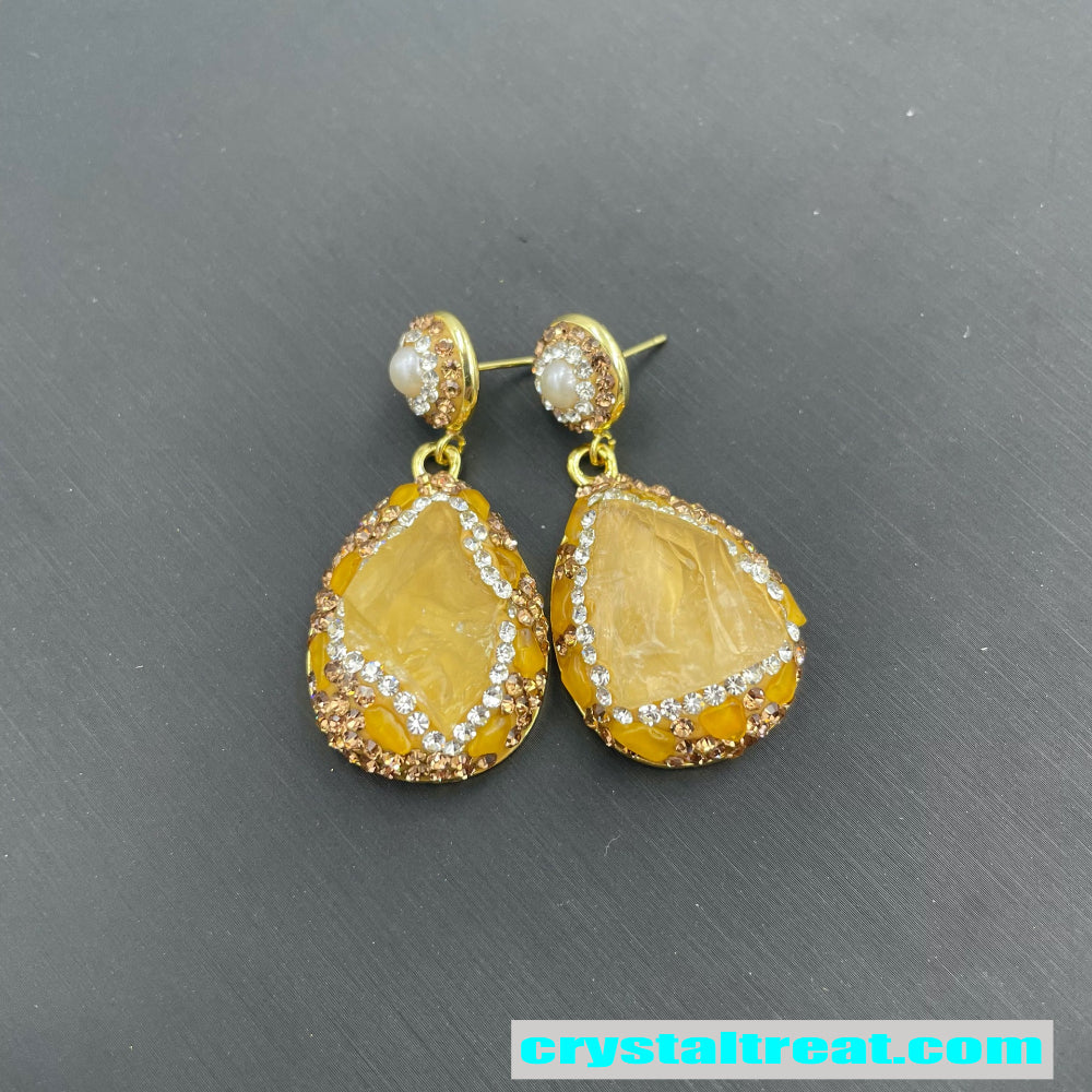 Natural Raw Citrine Crystal Jewelry Set – Pearl Inlay Ring, Earrings,Necklace