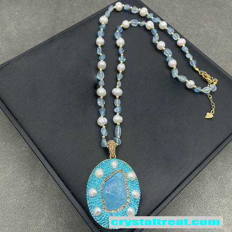 Natural Aquamarine Raw Stone & Freshwater Pearl Inlay Jewelry Set – Ring, Bracelet, Earrings, Necklace