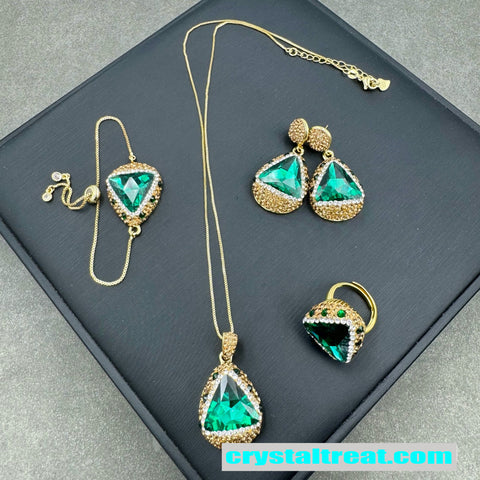 Enhanced Red and Green Crystal Rhinestone Inlaid Jewelry Set – Necklace,Earrings,Ring,Bracelet