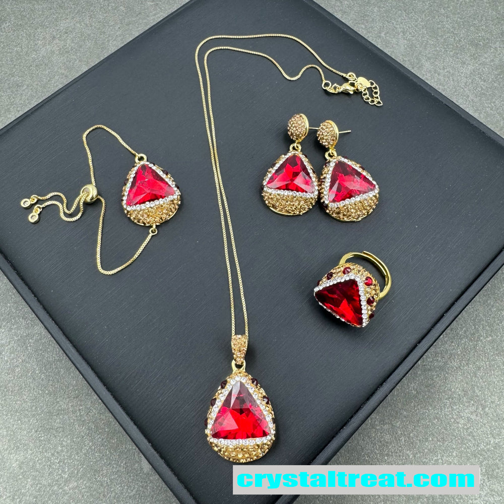 Enhanced Red and Green Crystal Rhinestone Inlaid Jewelry Set – Necklace,Earrings,Ring,Bracelet