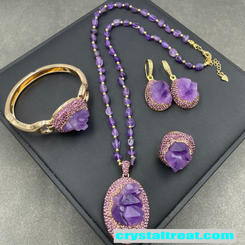 Natural Raw Amethyst Crystal Jewelry Set – Ring, Earrings, Bracelet & Beaded Necklace