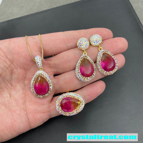 Enhanced Gradient Radiant Red Crystal & Rhinestone Jewelry Set – Ring, Earrings，Necklace