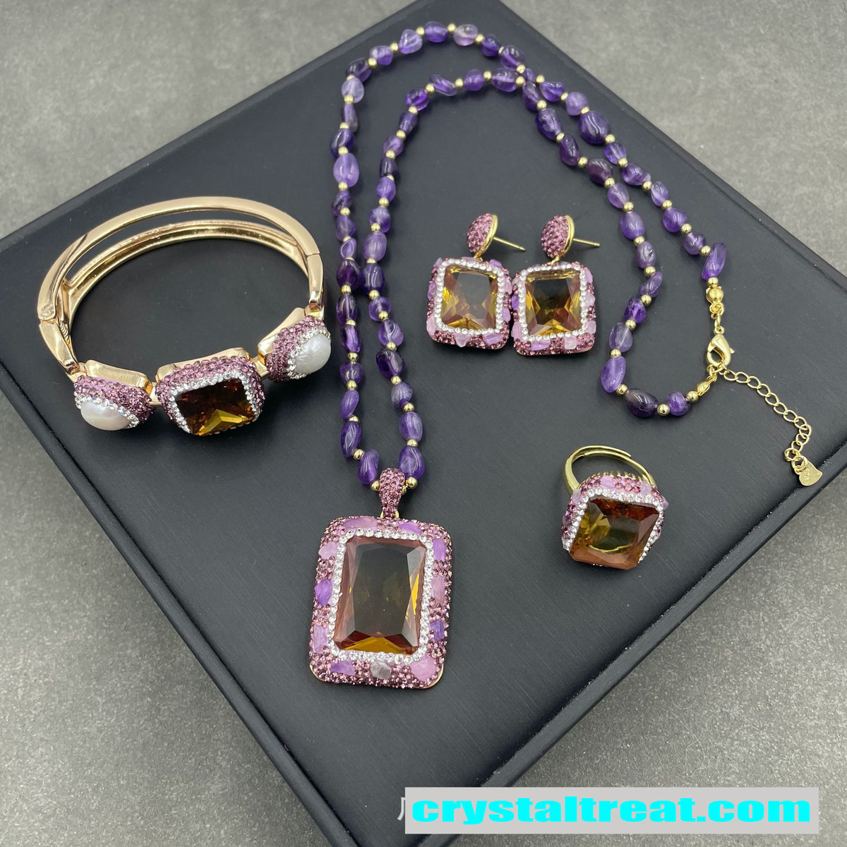 Natural Sultan Stone, Amethyst, and Pearl Jewelry Collection
