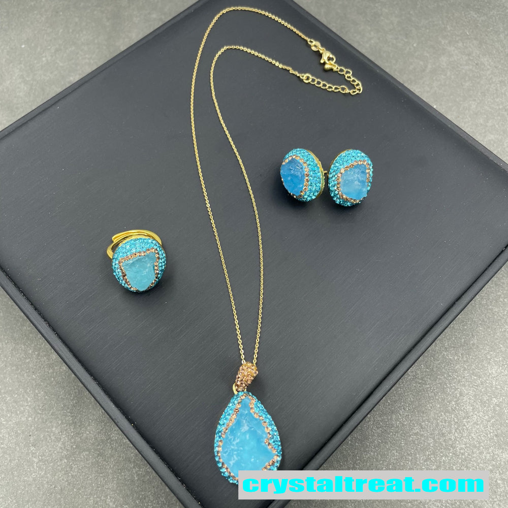 Natural Aquamarine Raw Stone Inlay Jewelry Set – Necklace, Ring,Earrings