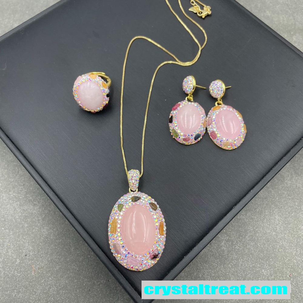 Natural Rose Quartz & Tourmaline Inlay Jewelry Set – Ring, Earrings,Necklace