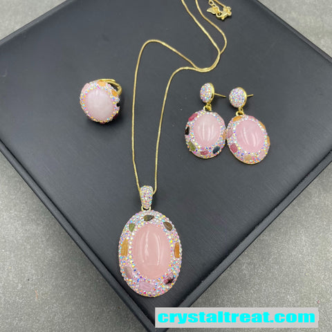 Natural Rose Quartz & Tourmaline Inlay Jewelry Set – Ring, Earrings,Necklace