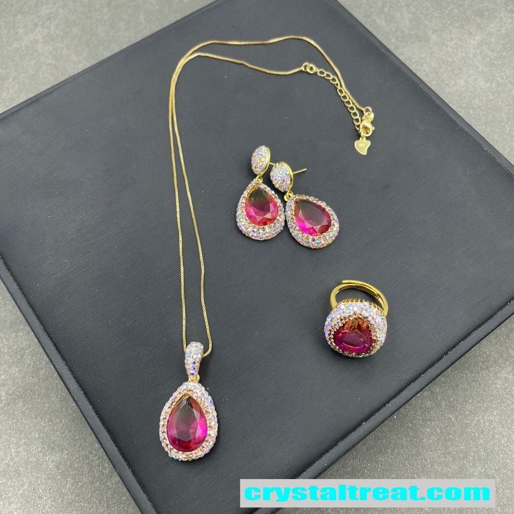 Enhanced Gradient Radiant Red Crystal & Rhinestone Jewelry Set – Ring, Earrings，Necklace