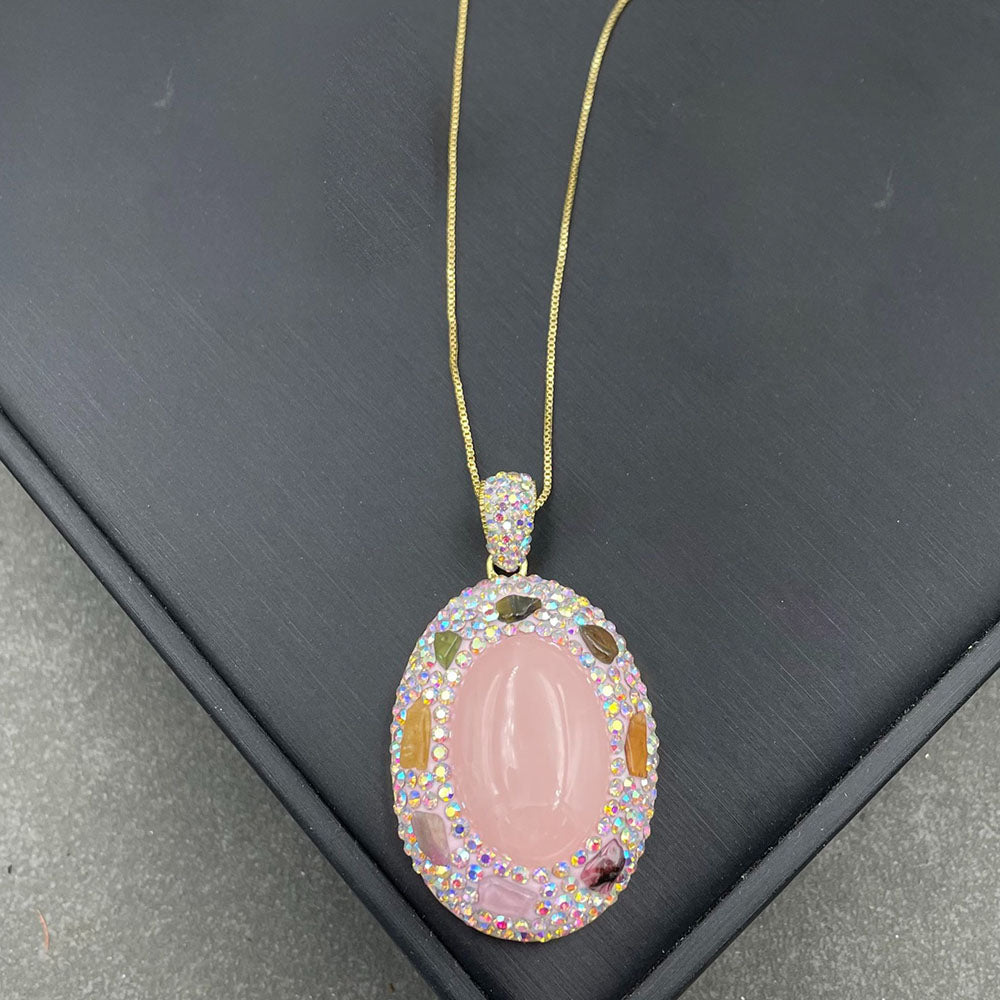 Natural Rose Quartz & Tourmaline Inlay Jewelry Set – Ring, Earrings,Necklace