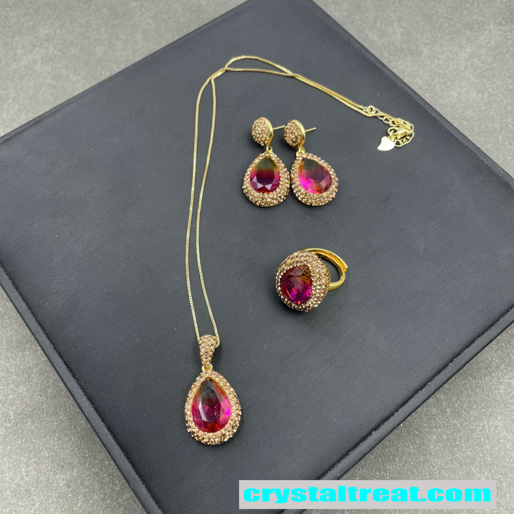 Enhanced Gradient Radiant Red Crystal & Gold Rhinestone Jewelry Set