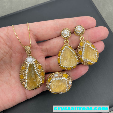 Natural Raw Citrine Crystal Jewelry Set – Pearl Inlay Ring, Earrings,Necklace