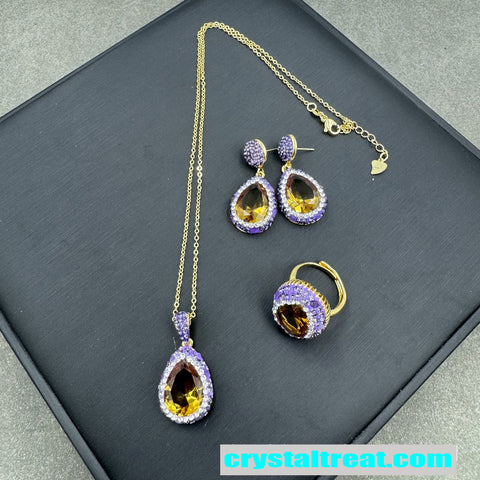 Natural Amethyst Inlaid Turkish Sultan Stone Jewelry Set – Ring, Earrings & Pendant Necklace