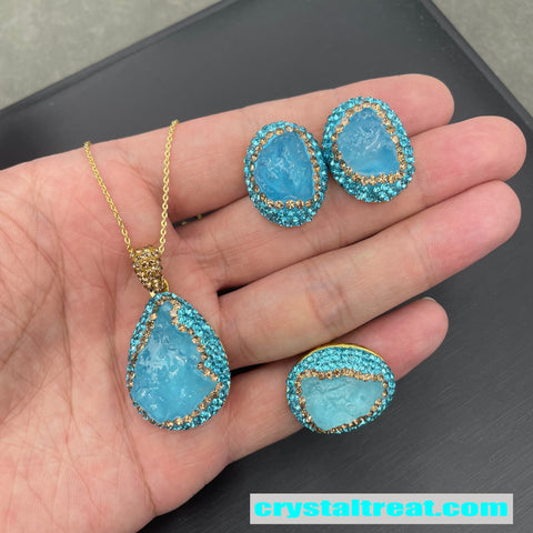 Natural Aquamarine Raw Stone Inlay Jewelry Set – Necklace, Ring,Earrings