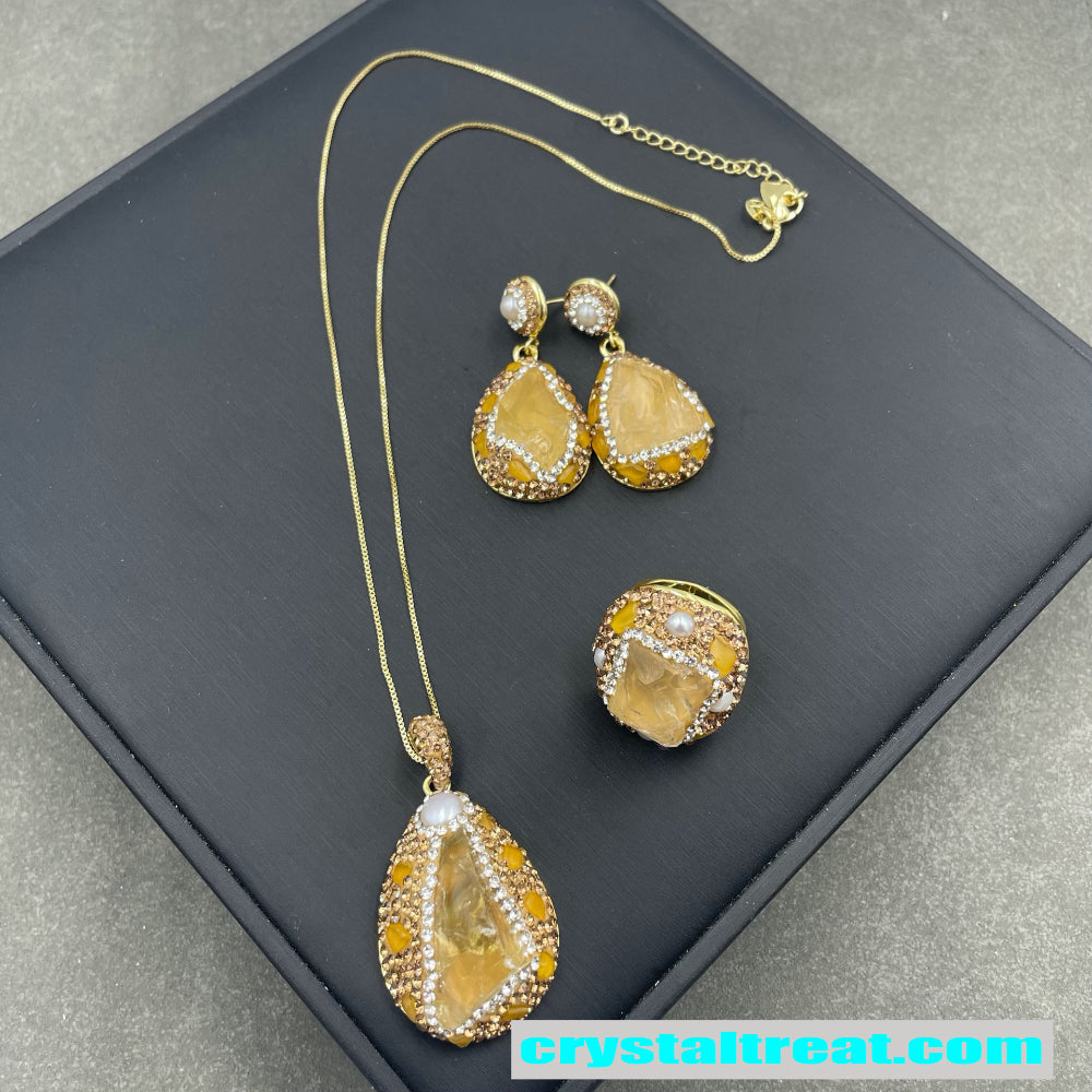 Natural Raw Citrine Crystal Jewelry Set – Pearl Inlay Ring, Earrings,Necklace