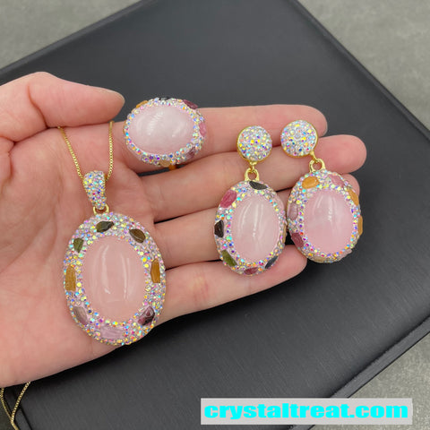 Natural Rose Quartz & Tourmaline Inlay Jewelry Set – Ring, Earrings,Necklace