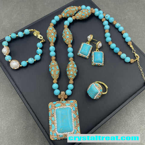 Stabilized Turquoise Inlay Jewelry Set – Earrings, Ring, Bracelet, Necklace, Beaded Bracelet