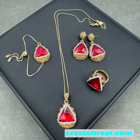 Enhanced Red and Green Crystal Rhinestone Inlaid Jewelry Set – Necklace,Earrings,Ring,Bracelet