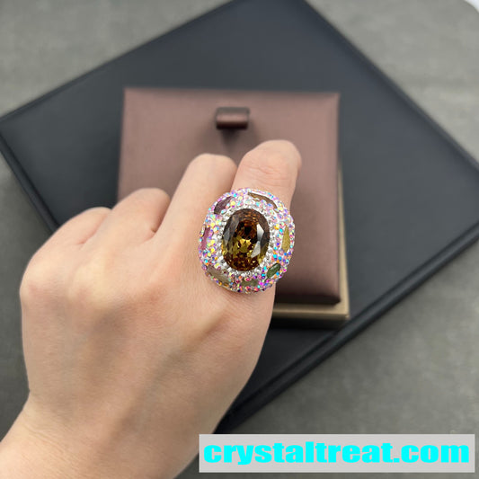 Sultan Stone Statement Ring with Multicolor Crystal Halo
