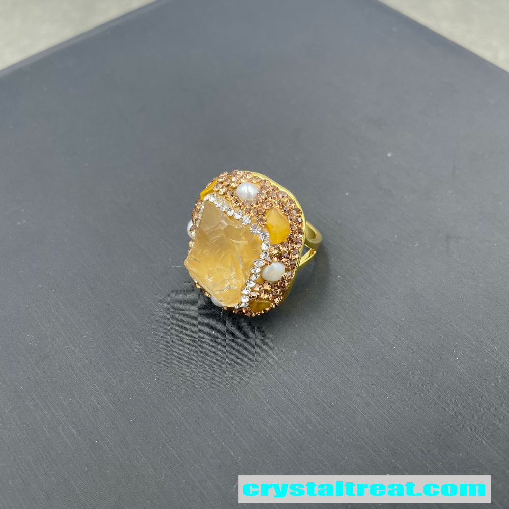 Natural Raw Citrine Crystal Jewelry Set – Pearl Inlay Ring, Earrings,Necklace