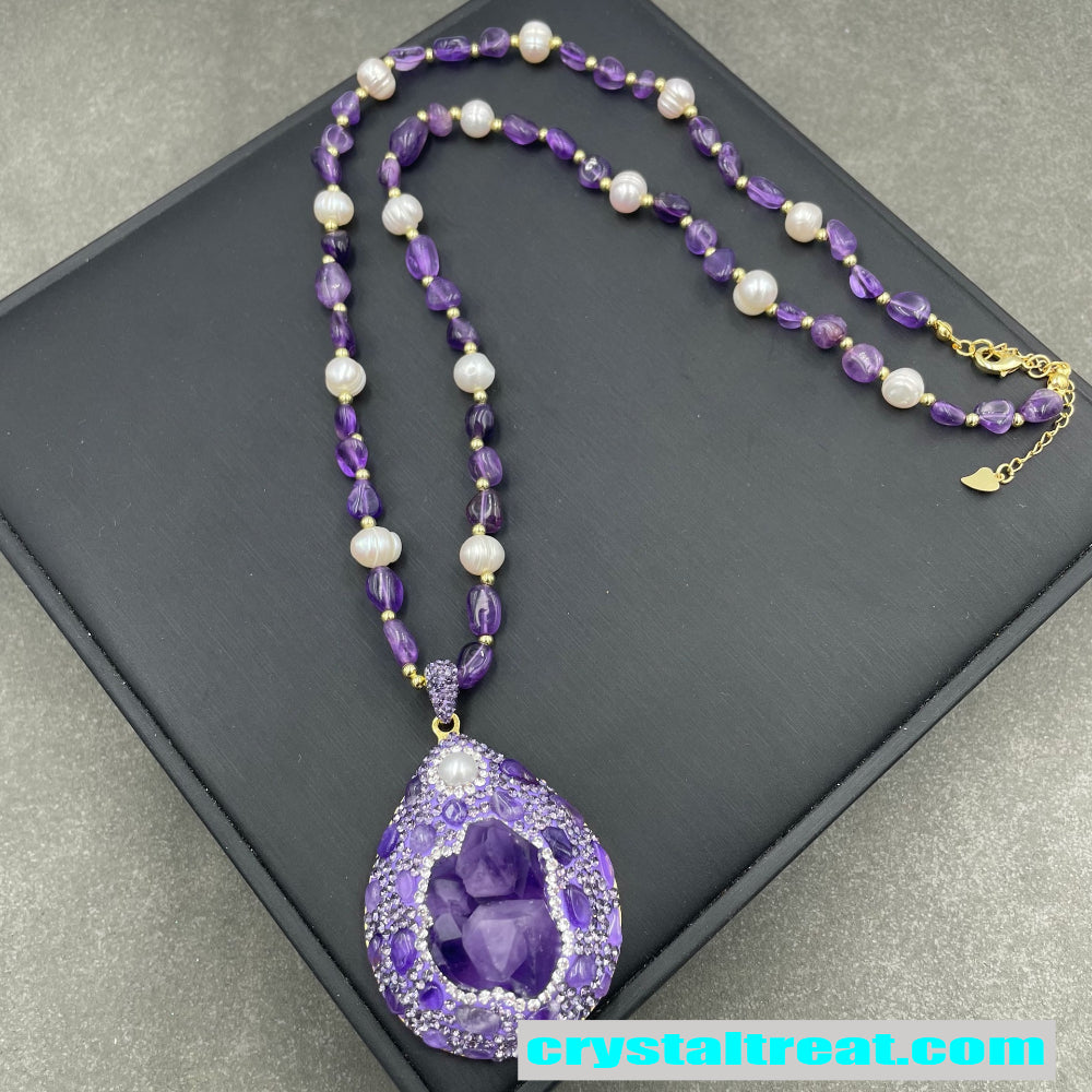 Natural Czech Amethyst & Pearl Jewelry Set – Ring, Earrings & Beaded Necklace