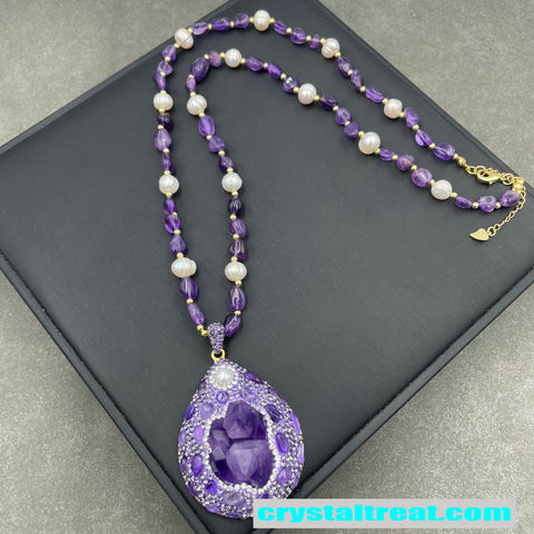 Natural Czech Amethyst & Pearl Jewelry Set – Ring, Earrings & Beaded Necklace