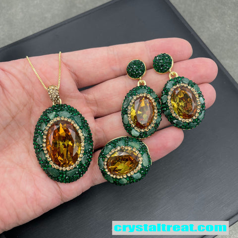 Natural Turkish Sultan Stone & Green Aventurine Jewelry Set – Necklace, Earrings,Ring