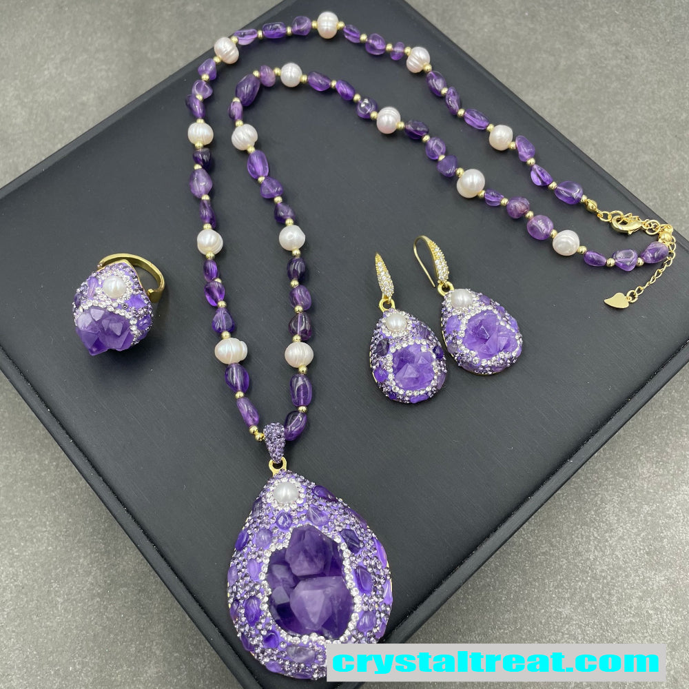 Natural Czech Amethyst & Pearl Jewelry Set – Ring, Earrings & Beaded Necklace