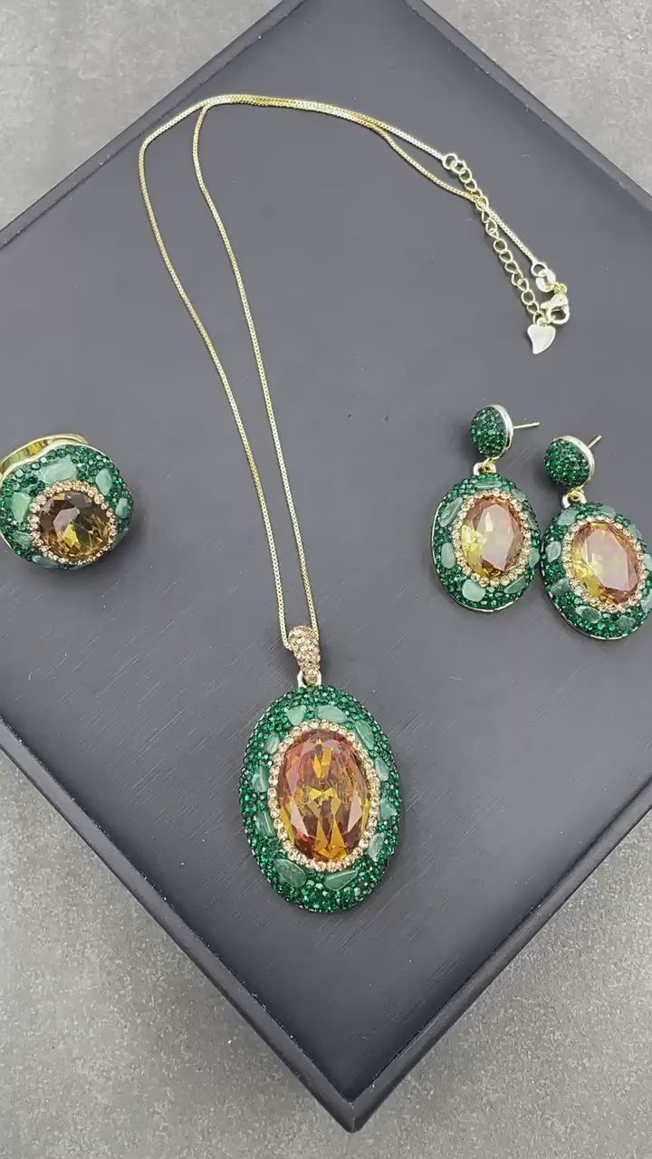 Natural Turkish Sultan Stone & Green Aventurine Jewelry Set – Necklace, Earrings,Ring