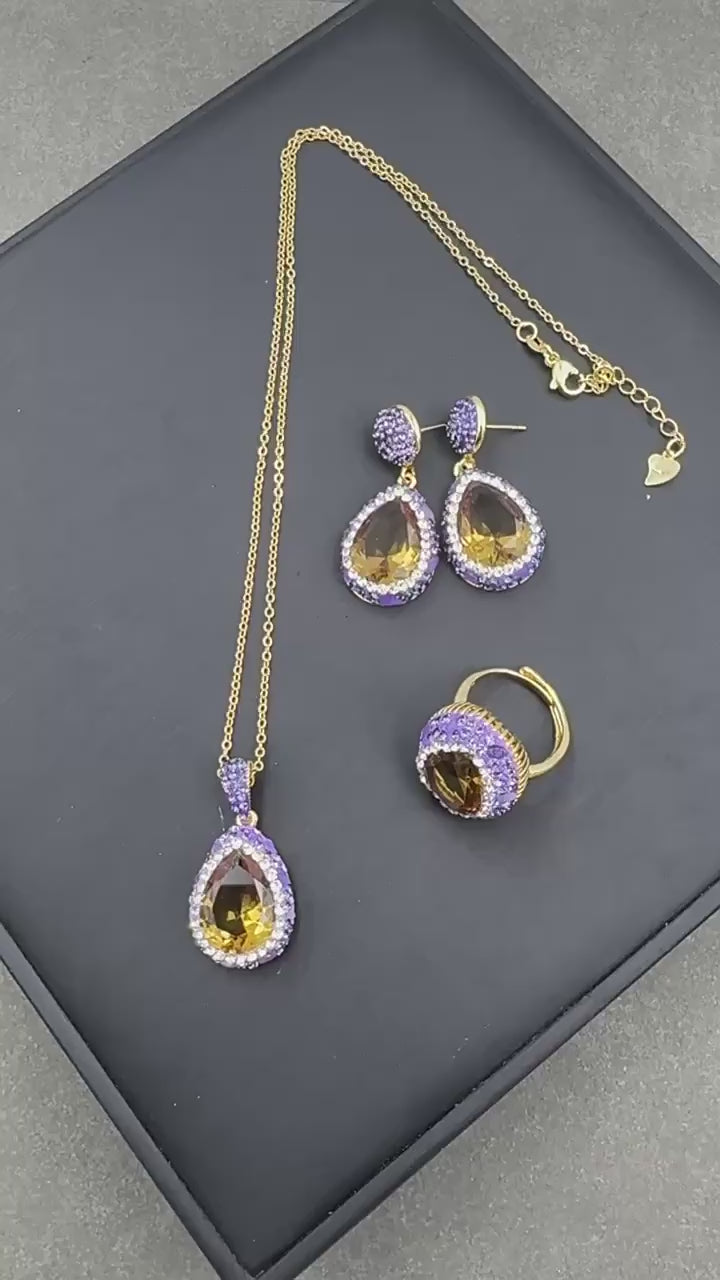 Natural Amethyst Inlaid Turkish Sultan Stone Jewelry Set – Ring, Earrings & Pendant Necklace