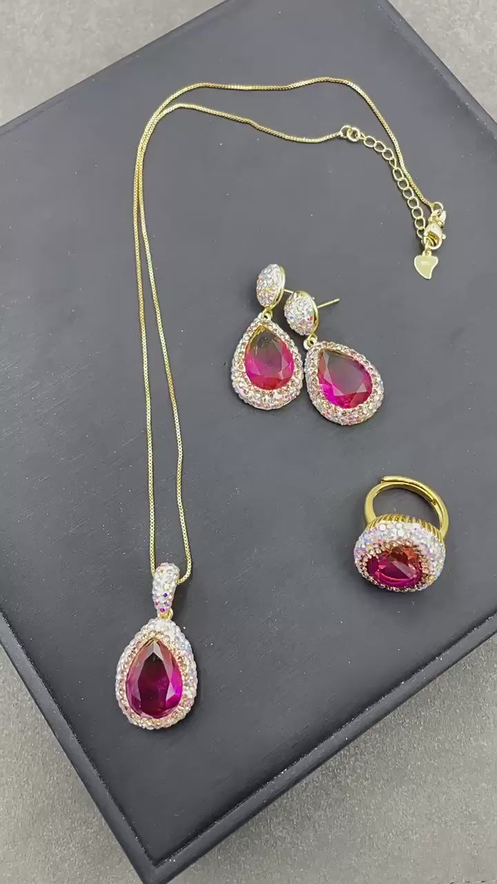 Enhanced Gradient Radiant Red Crystal & Rhinestone Jewelry Set – Ring, Earrings，Necklace