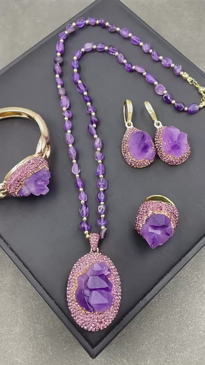 Natural Raw Amethyst Crystal Jewelry Set – Ring, Earrings, Bracelet & Beaded Necklace