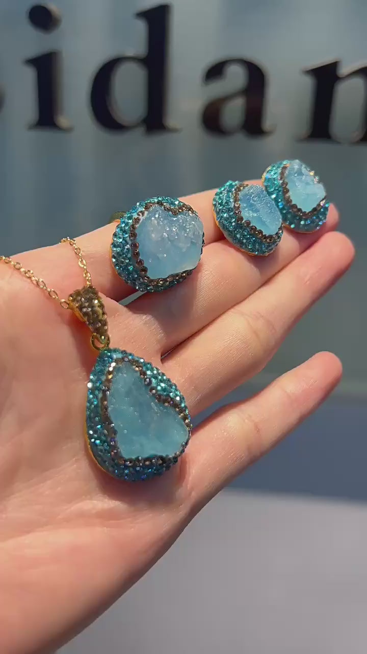 Natural Aquamarine Raw Stone Inlay Jewelry Set – Necklace, Ring,Earrings