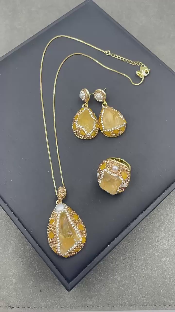 Natural Raw Citrine Crystal Jewelry Set – Pearl Inlay Ring, Earrings,Necklace