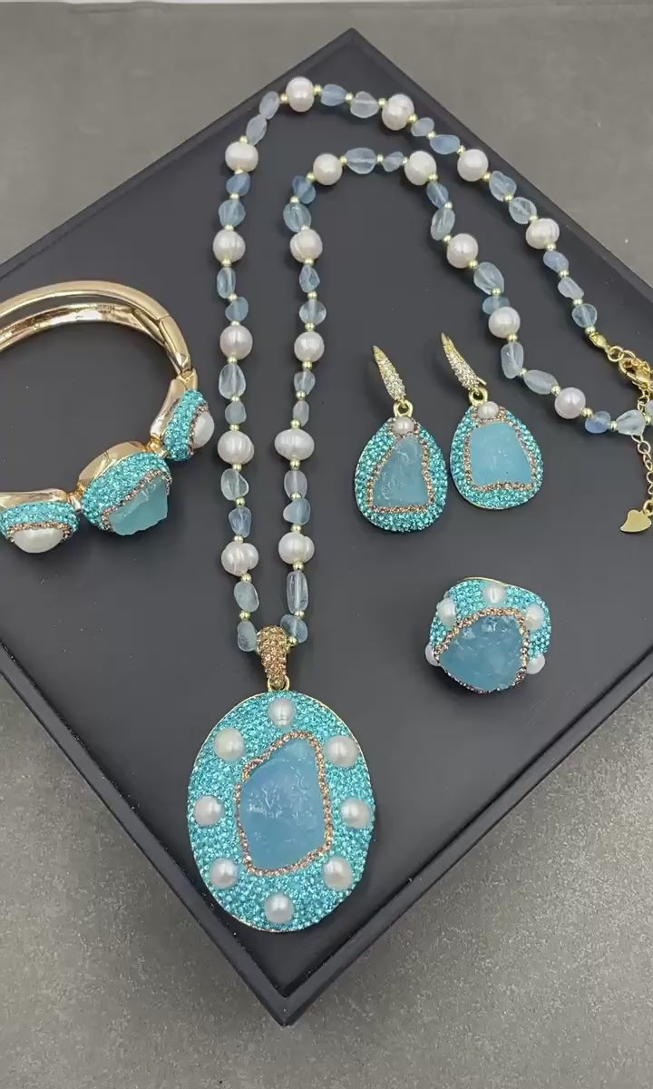 Natural Aquamarine Raw Stone & Freshwater Pearl Inlay Jewelry Set – Ring, Bracelet, Earrings, Necklace