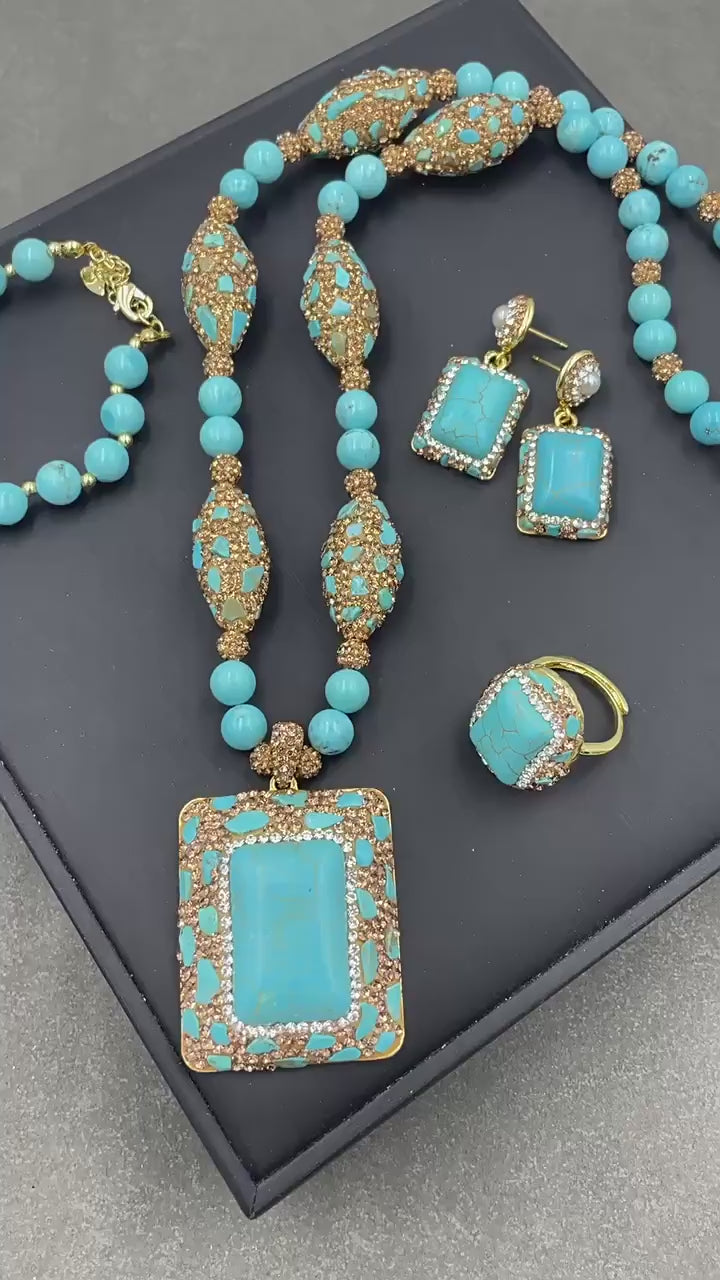 Stabilized Turquoise Inlay Jewelry Set – Earrings, Ring, Bracelet, Necklace, Beaded Bracelet