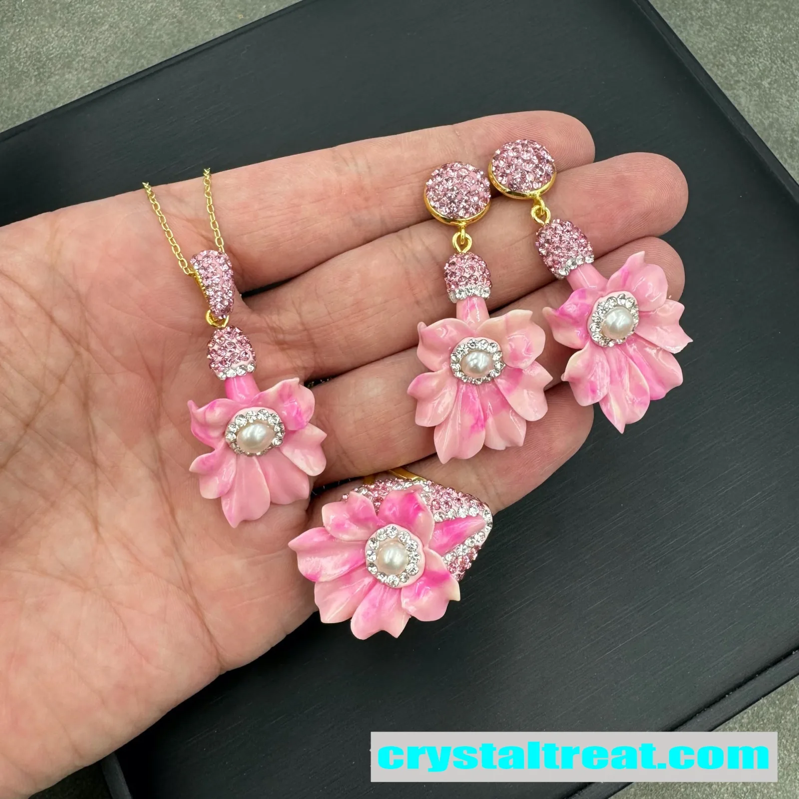 Handmade Magnolia Flower Pearl and Diamond Jewelry Set