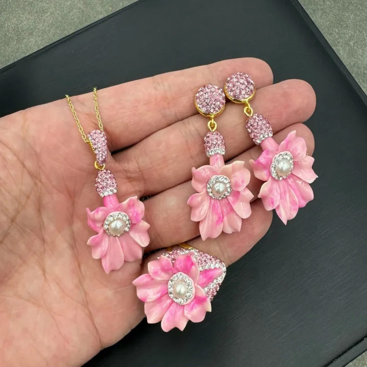 Handmade Magnolia Flower Pearl and Diamond Jewelry Set product image 1