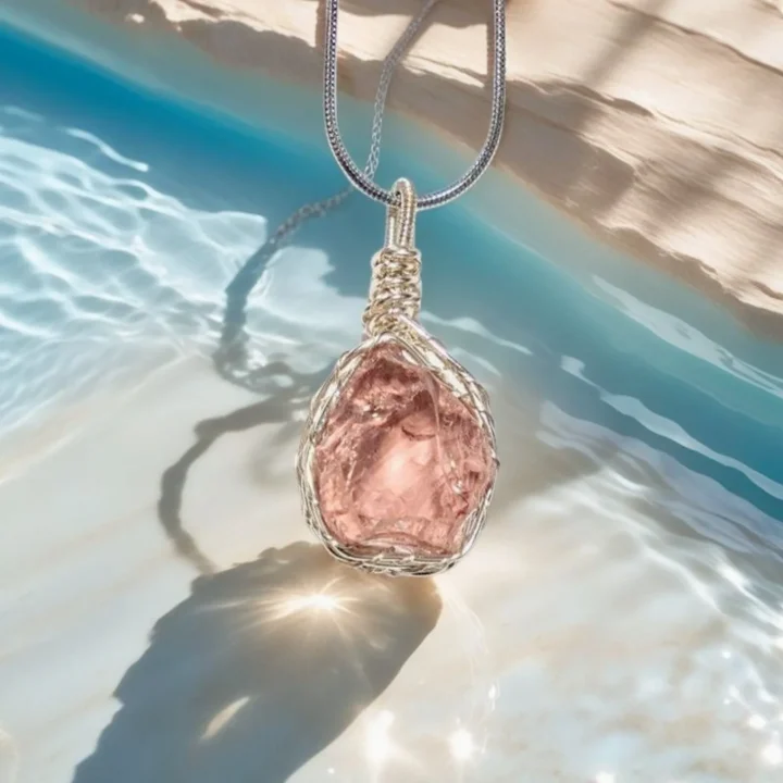 Handmade Natural Aphrodite's Glow Raw Rose Quartz Wire-Wrapped Pendant product image 1