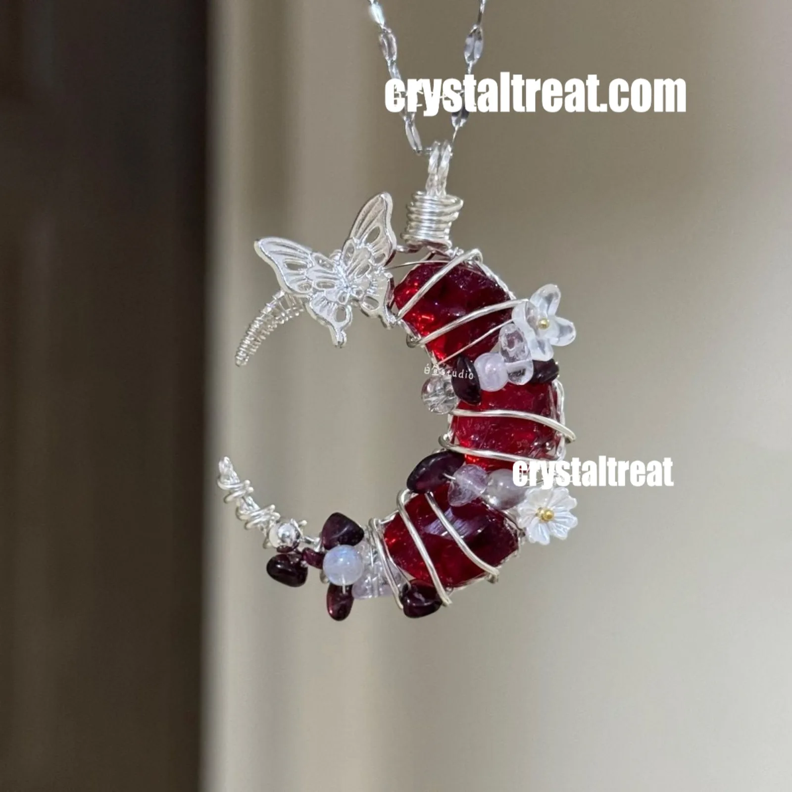 Handmade Natural Garnet Moon Pendant