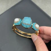 Bracelet — Natural Aquamarine Raw Stone & Freshwater Pearl Inlay Jewelry Set